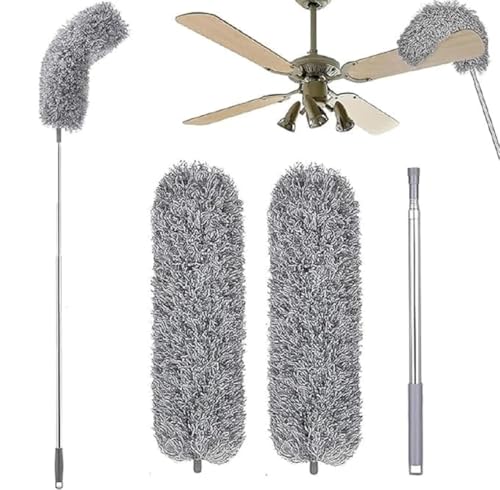 Image of Long Handle Microfiber Feather Ceiling Duster for Home Dust Cleaning 1pcs 100 Inch Extendable Pole & 2pcs Replaceable Bendable Brush for Cleaning High Cobweb Stick high Ceiling Fan Cleaner