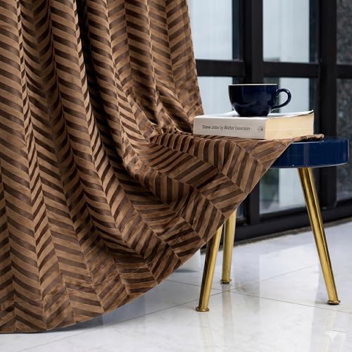 Image of IVAZA Premium Velvet Chevron Pattern 80% Blackout Curtains - Heavy Blackout Opaques,Modern Parde for Living Room Bedroom|Home Office Long Door- 10 Feet (Pack of 2) Chevron Brown