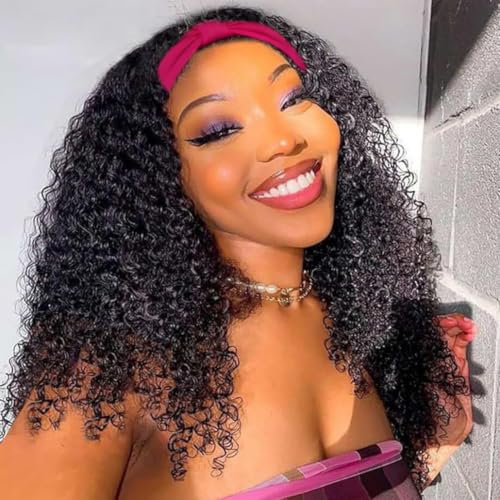 Image of 200 Density Deep Wave Headband Wig Human Hair 18 Inch Curly Half Wig Human Hair None Lace Front Wigs for Black Women Natural Color, 100% Human Hair, No Shedding