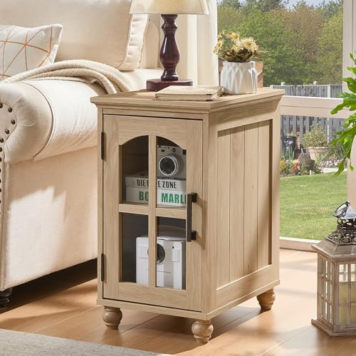 Narrow Side Table,Farmhouse Nightstand with Charging Station,Wood End Table with Glass Barn Door Storage, Cabinet Organizer with Adjustable Shelf, Night Stand for Small Spaces for Living Room Bedroom