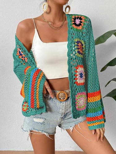 Image of SHENHE Women's Floral Crochet Cardigan Hollow Out Open Front Long Sleeve Cardigan Sweater