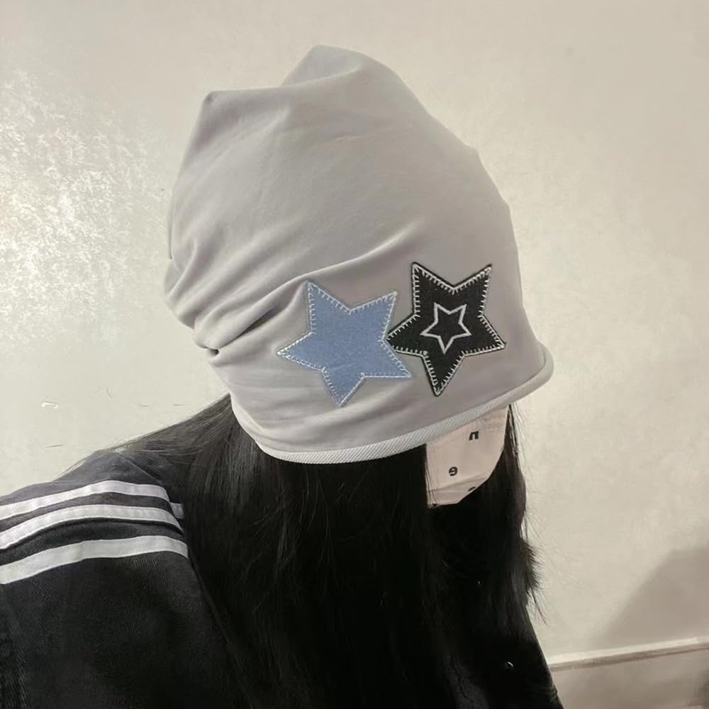 Women Preppy Slouchy Beanies Y2K Stars Patchwork Caps Grunge Aesthetics Headwears Fairycore Hip Hop Skull Caps