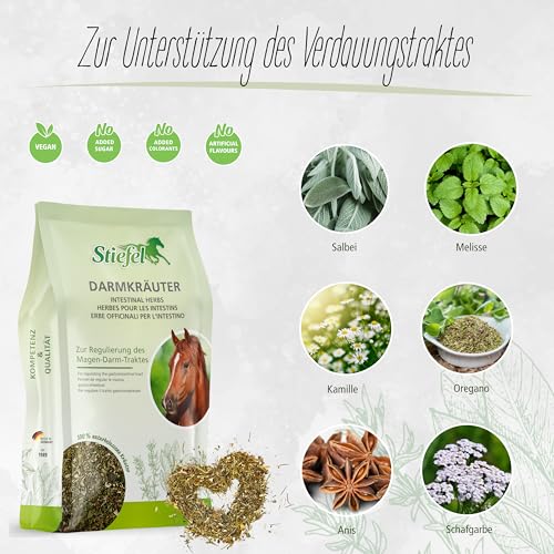 Stiefel Darmkräuter für Pferde, 100% naturbelassene Kräutermischung, kann zur Unterstützung des Magen-Darmtraktes beitragen, dauerhaft oder in gezielten Phasen, 1kg