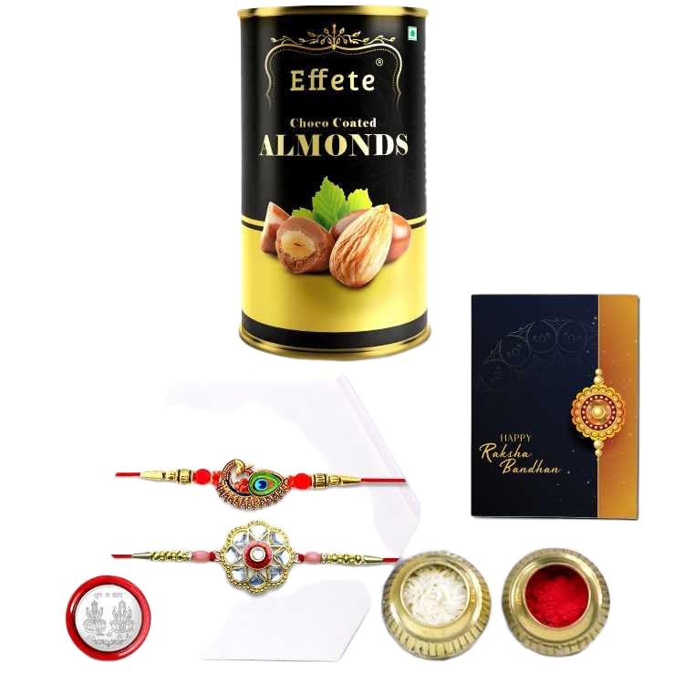 Image of DeoDap Raksha Bandhan Gift Combo - Set of 2 Rakhis (1 Round Shape & 1 Mayur Design) with Almond Chocolate (96g), Silver Colour Coin & Greeting Card