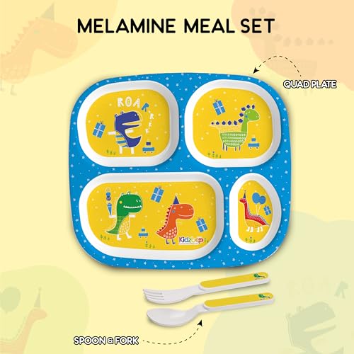 Image of Cello Kidzbee Quadmeal Dino Party Melamine Meal Set for Kids | BPA Free and Food-Grade Material | Attractive and Kidfriendly Designs | Break Resistant & Durable Set | Set of 3, Yellow