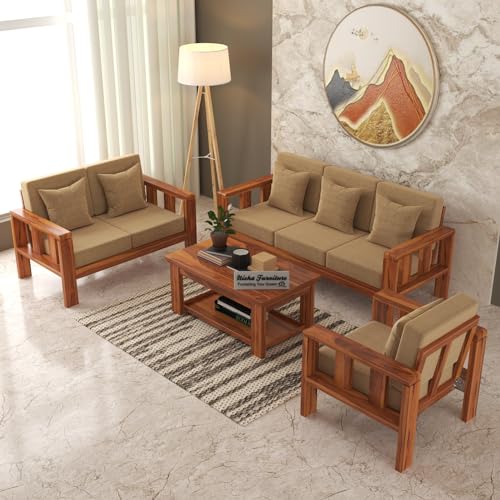 Image of Solid Wooden 6 Seater Sofa Set for Living Room & Office Furniture | Wooden Sofa 3+2+1 Sofa Set in Natural Teak Finish