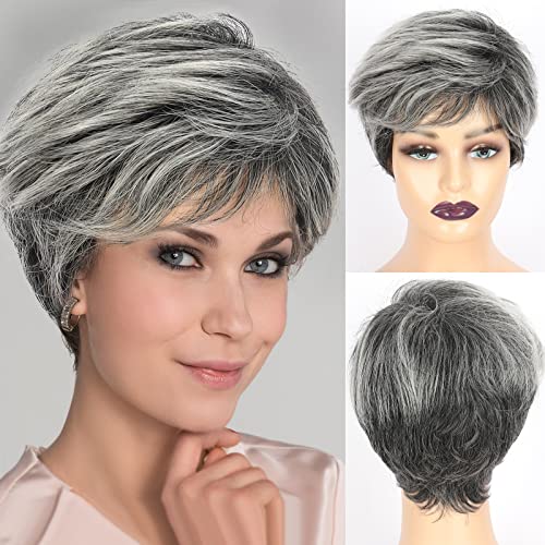 LEOSA Short Grey Wigs for White Women,Pixie Cut Wig with Bangs Gray Hair Wigs for Women Gray Pixie Wig Layered Synthetic Wavy Curly Hair Wigs Mixed Gray Wigs(Black Mix Gray#)