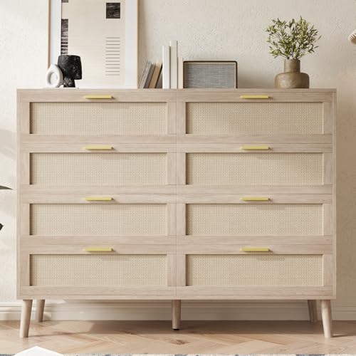 GarveeHome Cómoda de ratán de 8 cajones, cómoda de ratán de 47.2 x 15.7 x 37 pulgadas, cómoda moderna de mediados de siglo para armario con asas, mesa grande, tocador, dormitorio, sala de estar,
