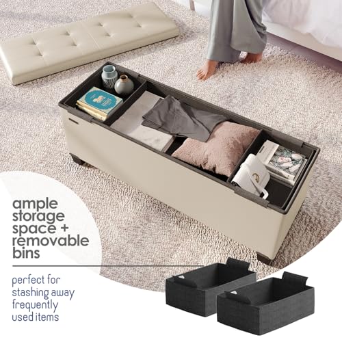 Storage Ottoman Bench with Bins, 43-in Storage Bench for Bedroom End of Bed, Folding Foot Rest Ottoman for Living Room Max 660lbs, Leather Ottomans, Beige by STORAGEBUD - Image 3