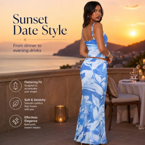 Image of Two Piece Skirt Set Women Maxi Long Skirt and Top Outfit | Soft stretchy 5 pc, slim bodycon, adjustable spaghetti straps, ruched crop tank, elastic waist, going out, beach vacation