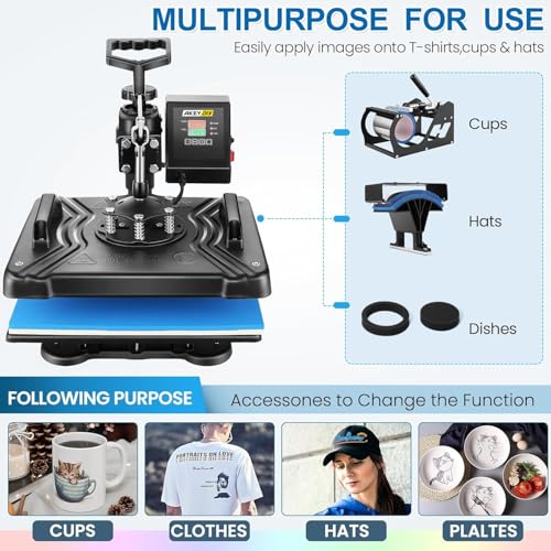 Heat Press Machine for Tshirts, 5 in 1 Heat Transfer Machine, 12" X 15" Heat Printing Press for Sublimation Combo with 360 Degree Rotation Swing Away for T-Shirt Hat Cap Mug Plate, Blue Black