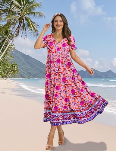 Image of YESNO Women's Summer Maxi Dresses Casual Floral Short Sleeve V Neck Boho Beach Vacation Swing Dress with Pockets EVF