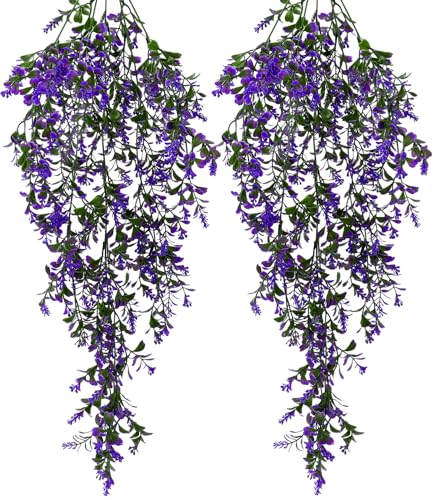Qixora Violette Kunstblumen Hängend, 2 Stück Kunstpflanze Hängend, 75 cm Kunstpflanze Künstliche, Kunstpflanzen Wie Echt Outdoor Wetterfest, Künstliche Blumen für Draußen, Garten, Innen Dekoration