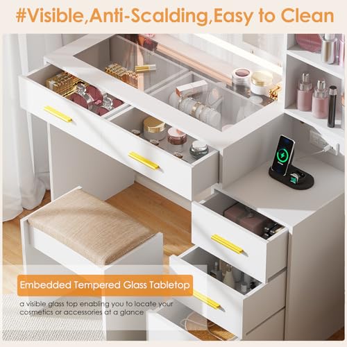 BEWISHOME White Makeup Vanity Desk with Mirror & Lights, 5 Drawers, 3 Lighting Modes, Nightstand