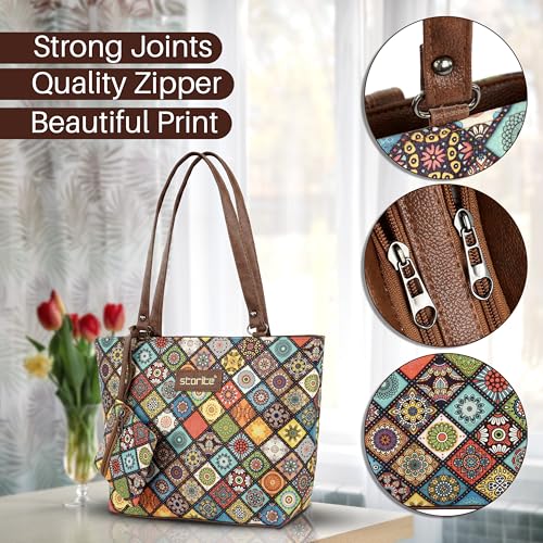 Image of Storite Women's Tote Bag with Leather Handles & Embroidery Printed Handbag with Zip Pockets, Shoulder Tote Bag and Handbag for Office and College