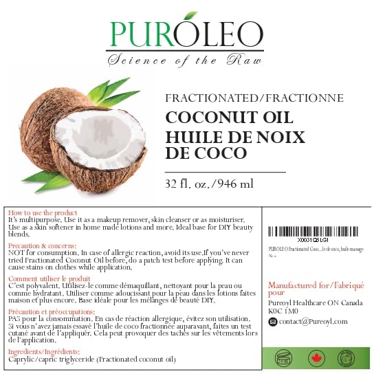 PUROLEO Fractionated Coconut Oil 32 Fl Oz/946 ML (Packed in Canada) 100% Natural and odorless Moisturizer & Carrier Oil l Hair Skin Body, Aromatherapy, Massage, Makeup Remover - Image 6