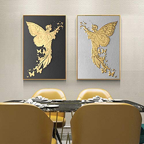 Art mural nordique rétro ange d'or : lot de 2 toiles abstraites 50x70 cm sans cadre pour salon