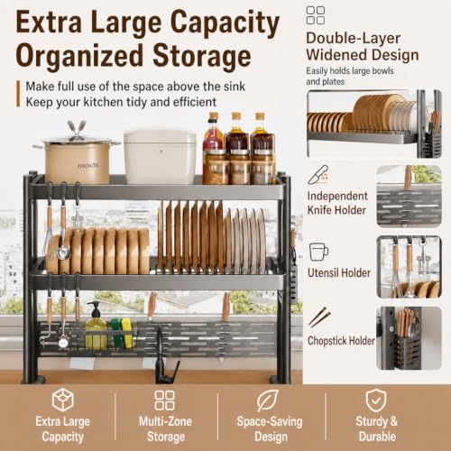 Image of COMFYHOME Over Sink Dish Drying Rack, 2 Layer, Kitchen Sink Dish Rack, for Plates, Bowls & Utensils, Rust-Resistant and Sturdy(80cm*30cm*81cm)