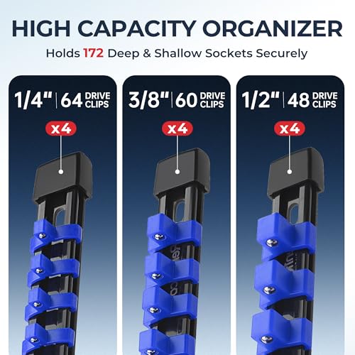 Image of Reniteco 12-Pack Socket Organizer Set, 1 /4 inch x 64 3 /8 inch x 60 1 /2 inch x 48 Clips | 172 Clip Capacity, Havy-Duty ABS Socket Rails, Removable Clips, Drive Socket Storage, Toolbox Drawer or Wall Mount