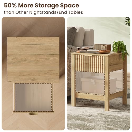 TROJM Fluted Night Stand with Golden Handle,Set of 2 Mid-Century Nightstands with Drawer, Bedside Table with Storage Shelf,Large End Tables for Livingroom,Bed Side Tables for Bedroom, Natrual Oak - Image 4