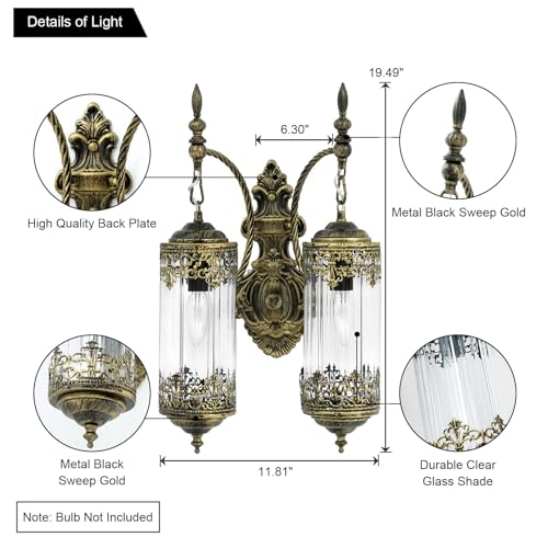 Image of Rustic Glass Wall Sconce Vintage Antique Gothic Wall Light Fixture Retro Farmhouse Mid Centry Lantern Wall Sconce for Bedroom, Living Room, Mirror, Brush Gold