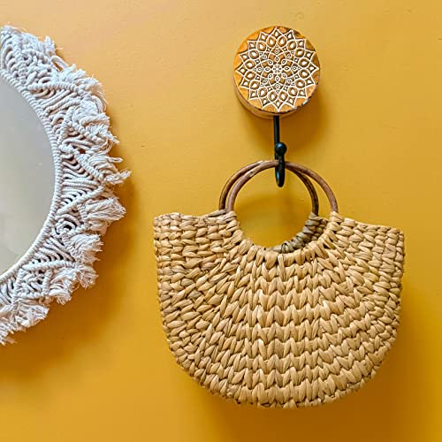 Mandala Life Art Boho Chic Decorative Wall Hook - Pack Of 3 - Natural Raw Mango Wood - Hand Curved Wooden Stamp With Metal Hook For Coats,Towels, Keys,Clothes - Jewelry Hanger #TOP3