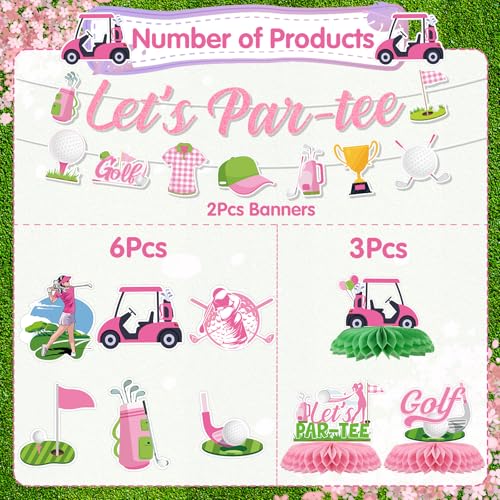 Image of Pink Golf Party Decorations - 11PCS Golf Birthday Decorations Lets Partee Banners Hanging Swirls Honeycomb Centerpieces Sport Themed Party Birthday Decor Supplies for Women Girls
