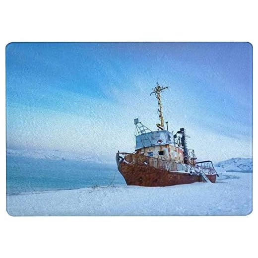 Tempered Glass Cutting Board Beautiful seascape of Barents Sea with shipwreck of fishing boat on Tableware Kitchen Decorative Cutting Board with Non-slip Legs, Serving Board, Large Size, 15" x 11"