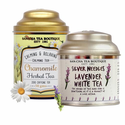 Image of Sancha Tea Boutique, Chamomile Herbal (50g) & Lavender White (25g), Pure Silver Needle Loose Leaves, Calming & Relaxing Floral Tisanes