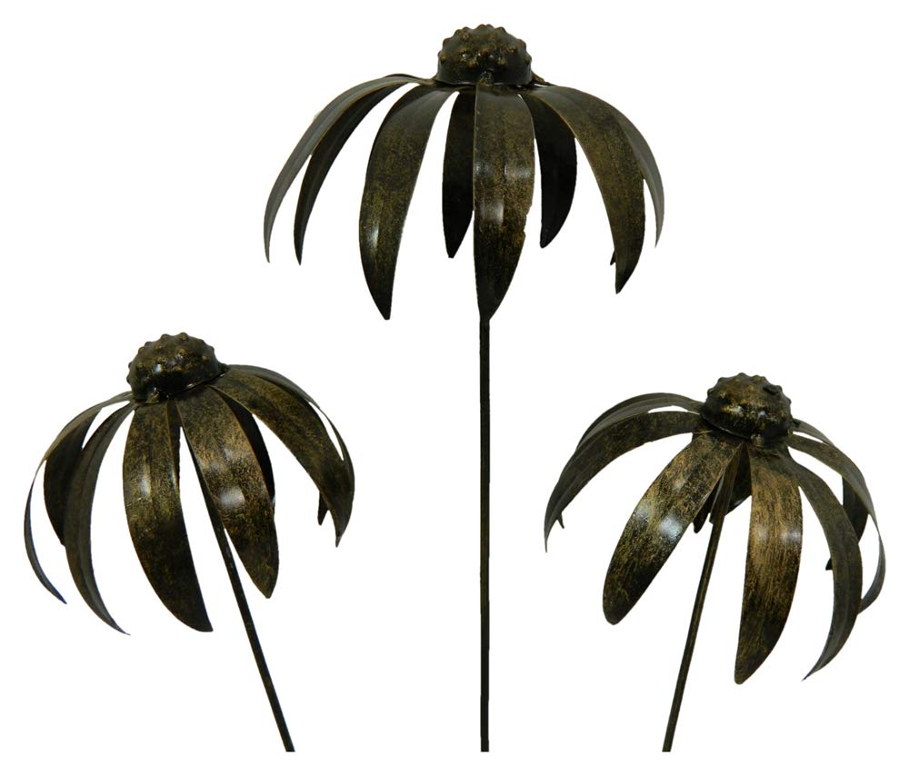 Thai Gifts Gold Set Of 3 Metal Flower Daisy Ornaments - Echinacea Daisies, 100Cm Tall - Unique Garden Stakes For Pots & Borders, Durable, Handcrafted Outdoor Decorations - Fairly Traded Garden Art