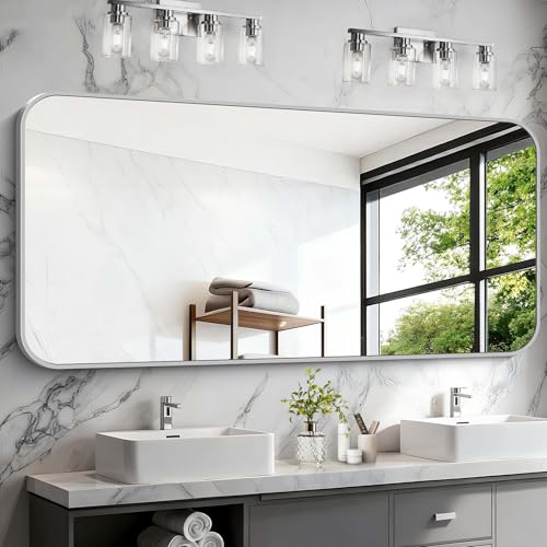 Image of Silver Bathroom Mirror, 72 x 30 Inch Large Rectangle Mirror, Rectangular Vanity Mirror Aluminum Metal Frame, Rounded Corner Wall Mirror for Living Room Bedroom Entryway Horizontal /Vertical