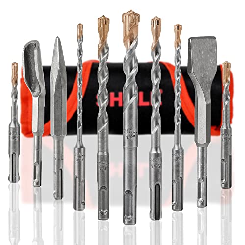 Shall 10-Piece Sds Plus Bits, 7 Rotary Hammer Drill Bits, Wide Flat Chisel, Gouge Chisel & Point Chisel, 4-Cutter Carbide Tips, For Concrete, Brick, Stone, Masonry, Roll Up Storage Pouch Included #TOP11