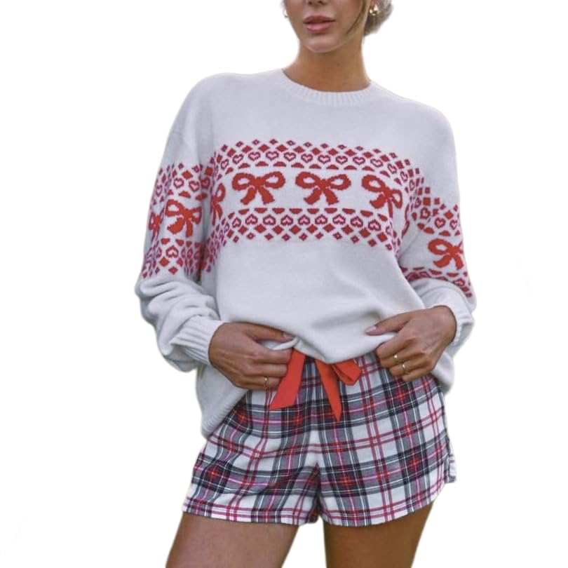 Women Bow Sweater Christmas Casual Long Sleeve Knit Tops Crew Neck Jumper Pullover Oversized Outfit