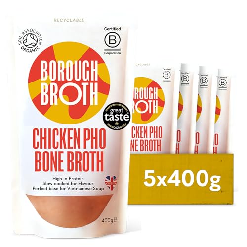 Borough Broth Organic Chicken Pho – Aromatic Chicken – Award-Winning Organic Bone Broth UK – High Protein Broth & Stock Alternative to Beef Bone Broth – 5 x 400g
