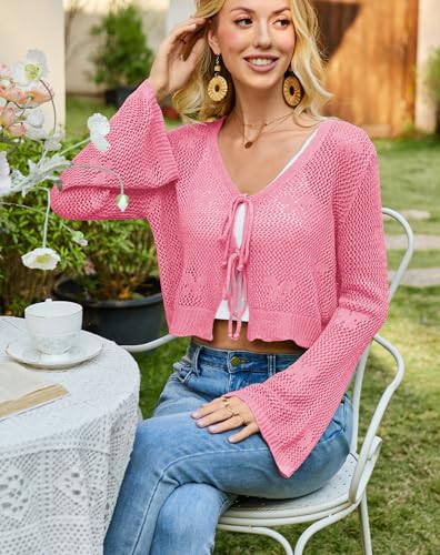Image of Balimtoy Women Tie Front Cardigan Crochet Sweater Crop Tops Cute Bell Long Sleeve Knit Shrug Beach Vacation Cover Up