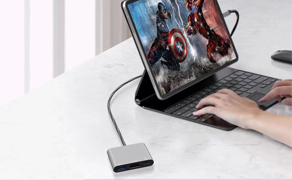 Image of Battony USB C Multiport AV Adapter with 4K HDMI Output USB 3.0 Port, 50cm Braided Cable & USB-C Fasting Charging Port,Compatible for MacBook Pro Air M1 M2 Pad Pro iMac and Other Type C Devices