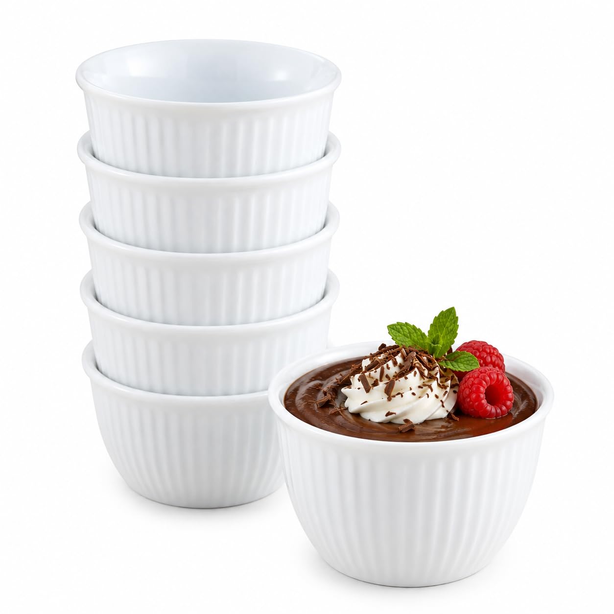 HIC 5-Ounce Porcelain Ribbed Set of 6 White Custard Cup