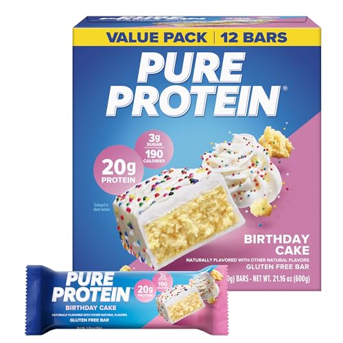 Pure Protein Birthday Cake Protein Bars – 20g Protein, 3g Sugar, 190 Calories (12 count) Low Sugar* High Protein Snack - Gluten Free - Perfect for a Healthy Snack