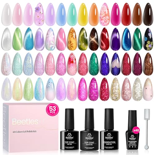 Image of Beetles Cat Eye Gel Nail Polish Set, 53 PCS 48 Colors Gel Polish Kit with Pink Blue Purple Green Red Shades, Glitter Jelly Pearl Nail Gel, Base Coat, Glossy Matte Top Coat & Magnet