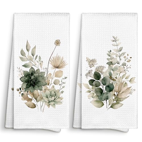 Sviojuce Eucalyptus Botanical Kitchen Bathroom Towels Decor 16x24 Set of 2, Sage Green Olive Green Leaves Hand Towel Decorative Gifts for Plants Lovers, Boho Dish Towels Cloths Dishcloths Tea Towel