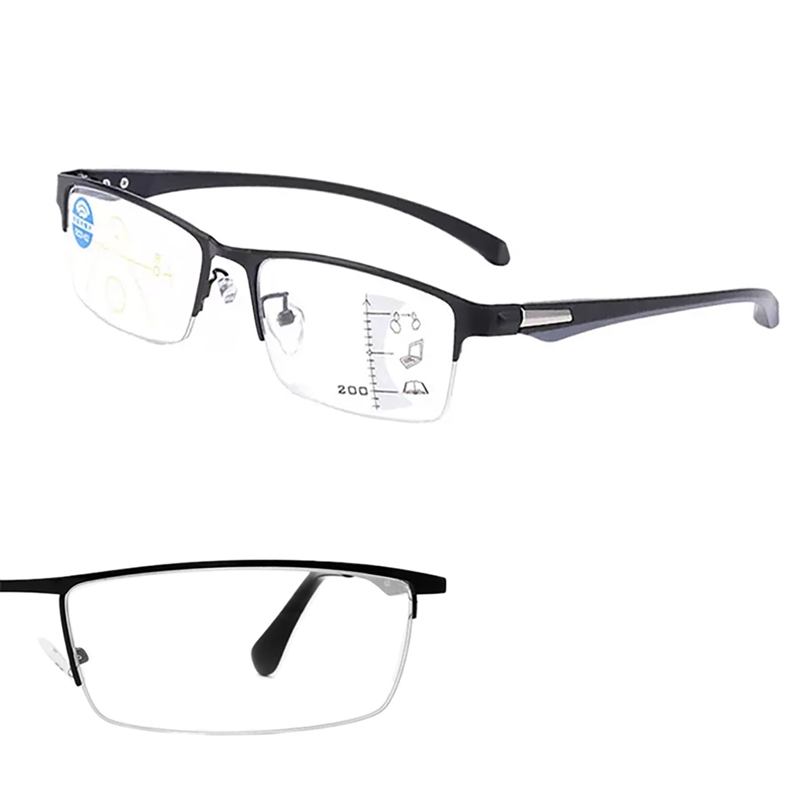 Halbrahmen Computerbrille Herren Progressive Multifokal Lesebrille Blaulichtfilter Lesehilfe Rechteck Presbyopia Glasses, Dioptrie +1.0 Bis +3.0