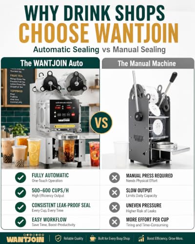 Image of WantJoin Cup Sealer Machine - Full Automatic Cup Sealing Machine Electric Boba Sealing Machine Seals 500-600 Cups /H Digital Control Panel Cup Sealer for Bubble Milk Tea Coffee Shop,20''H 90 /95mm