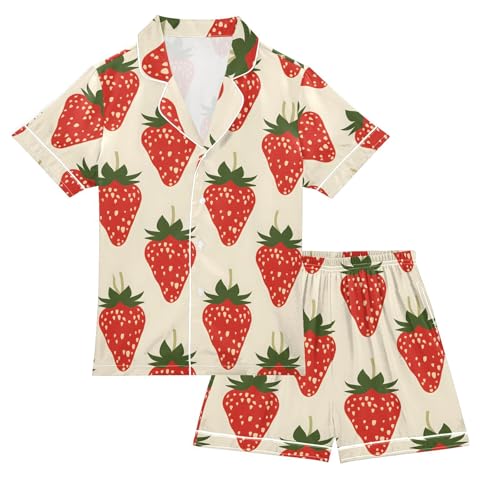 ALAZA Strawberry Red Fruit Leaf Pajamas Satin Pajama Set Short Sleeve Button Down Sleepwear