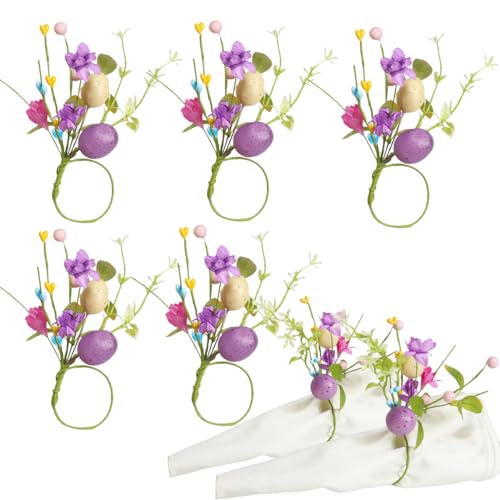 5 Pcs Easter Napkin Ring Set Easter Egg Floral Leaf Colorful Napkin Ring Holder Table Decorations