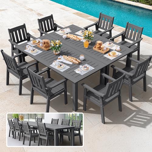 Image of YEFU HIPS Patio Table Set: 10 Piece Outdoor Table and Chairs Dining Furniture Set with Umbrella Hole - Gray Modern Plastic Dining Sets 8 Person for Outside Deck with Metal Aluminum Frame