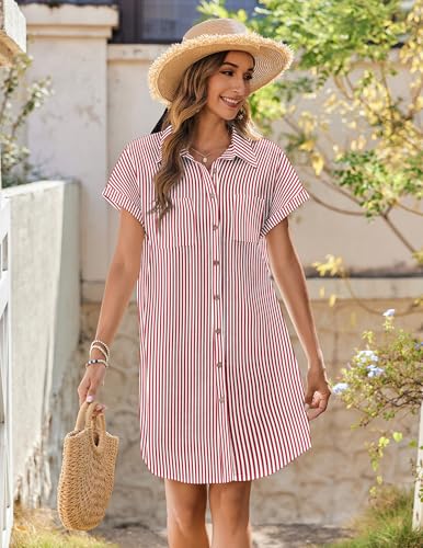Image of Zeagoo Summer Dresses for Women 2026 Cotton Button Down Short Sleeve Tshirt Dresses Casual Mini Beach Dress