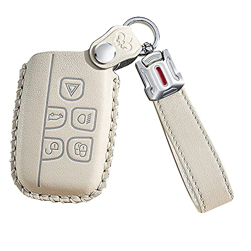 ontto Leather Car Key Fob Cover Keyring fit for Land Rover Defender Discovery Evoque LR4 fit for Range Rover Sport fit for Jaguar accessories Remote Key Case Shell Holder keychain Protector Beige A