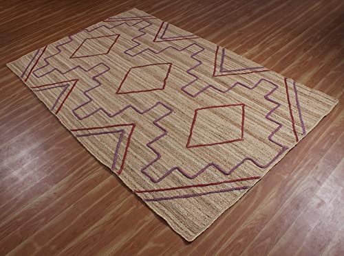 Tapis en jute naturelle résistant géométrique beige rouge pour salon