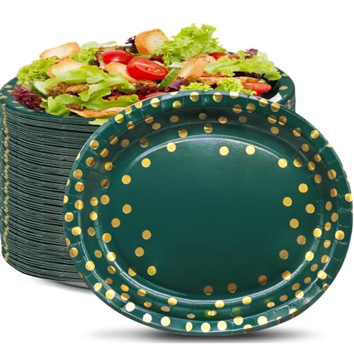 VEIZEDD 50Pcs Green Gold Oval Paper Plates 10 VEIZEDD 50Pcs Green Gold Oval Paper Plates 10