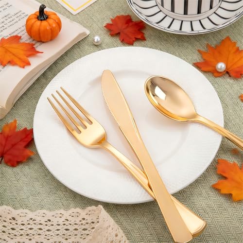 Liacere-100Pack-Pre-Rolled-Gold-Silverware-and-Napkin-Disposable-Gold-Plastic-Utensils-Wrapped-Plastic-Cutlery-Set-with-Napkin100-Forks100-Knives100-Spoons100-Napkins-for-WeddingThanksgiving